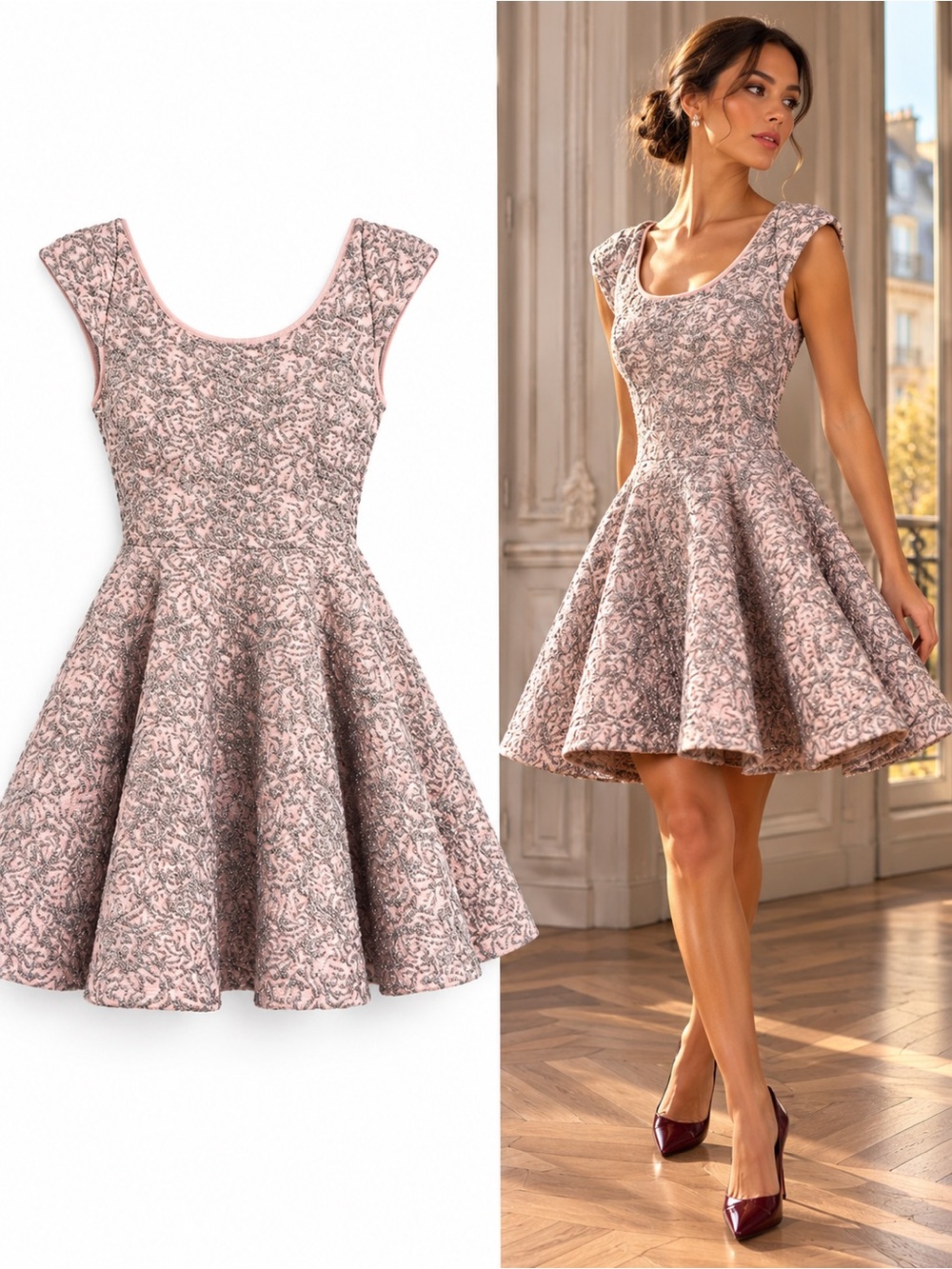 Maje Metallic Jacquard Fit & Flare Skater Cocktail Dress Pink Size 1 US Small